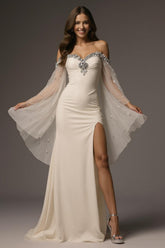 Sparkly Ivory Off the Shoulder Mermaid Long Formal Dress with Cape