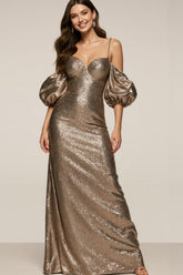 Sparkly Brown Cold Shoulder Sequin Mermaid Long Formal Dress with Sleeves