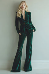 Dark Green 2 Piece Velvet Prom Suits with Pockets