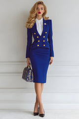 Royal Blue 2 Piece Double Breasted Midi Pencil Business Suits