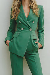 Green 2 Piece Long Sleeves Prom Suits with Pockets