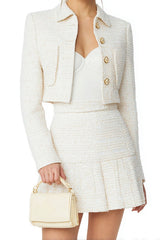 White Single Breasted A Line 2 Piece Short Tweed Interview Outfits