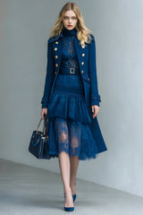 Dark Blue Double Breasted Long Sleeves Prom Blazer