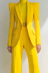 Yellow 2 Piece One Button Peak Lapel Prom Suits with Sleeves