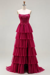 Sparkly Floral Fuchsia Tiered Beaded Long Corset Prom Dress with Slit