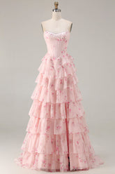 Floral Pink and Red Sparkly Tiered Long Corset Prom Dress with Beading