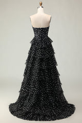 Sparkly Black and White Polka Dots Ruffled Corset Long Prom Dress
