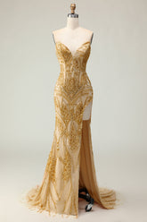 Sparkly Golden Beaded Strapless Mermaid Long Prom Dress with Slit
