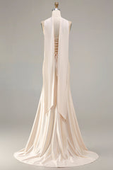 Sparkly Champagne Mermaid Neck Scarf Long Prom Dress with Beading