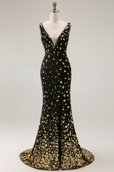 Sparkly Black Golden Beaded Mermaid V Neck Long Prom Dress
