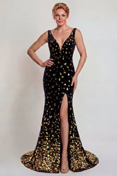 Sparkly Black and Gold Sequin Mermaid Long Mother of the Bride Dress with Slit