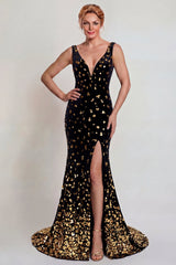 Sparkly Black and Gold Sequin Mermaid Long Mother of the Bride Dress with Slit
