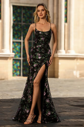 Sparkly Floral Black Purple Sequin Spaghetti Straps Long Prom Dress with Slit