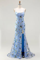 Sparkly Floral Blue Green Sequin Spaghetti Straps Long Prom Dress with Slit