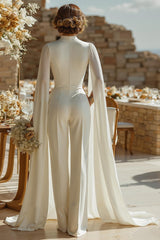 Ivory High Neck Keyhole Bridal Jumpsuits with Pockets
