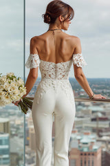 Simple White Sweetheart Bridal Jumpsuits with Lace