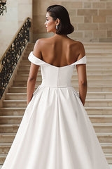 White Off the Shoulder A Line Sweep Train Wedding Dress with Slit