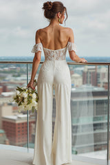 Ivory Off the Shoulder Backless Bridal Jumpsuits with Lace