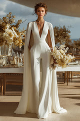 Ivory Satin Deep V-Neck Bridal Jumpsuits with Cape