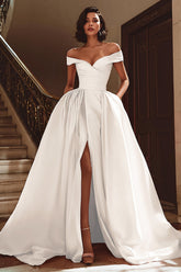 White Satin A Line Off the Shoulder Sweep Train Wedding Dress with Slit