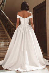 White Satin A Line Off the Shoulder Sweep Train Wedding Dress with Slit