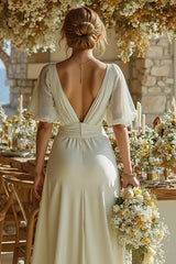 Ivory Deep V-Neck Short Sleeves Bridal Jumpsuits with Cape