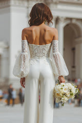 White Appliqued Long Sleeves Bridal Jumpsuits with Pockets