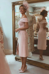 Blush Pink Ruched Off the Shoulder Midi Mother of the Bride Dress with Slit