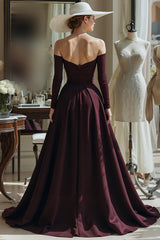 Cabernet A Line Satin Off the Shoulder Long Sleeves Mother of the Bride Dress