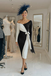 Black and White One Shoulder Midi Mother of the Bride Dress with Sash