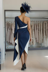 White Navy One Shoulder Satin Midi Mother of the Bride Dress with Side Cape