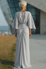 Silver Sheath Boat Neck Ruched Long Mother of the Bride Dress with Pocket