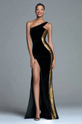 Sparkly Black One Shoulder Velvet Mermaid Long Holiday Party Dress with Sequins