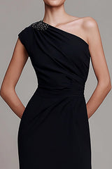 Sparkly Black One Shoulder Ruched Sheath Long Formal Dress with Beading