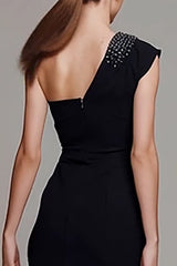 Sparkly Black One Shoulder Ruched Sheath Long Formal Dress with Beading