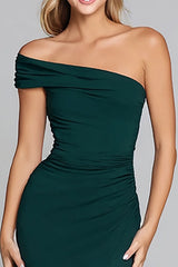Dark Green One Shoulder Mermaid Long Formal Dress with Slit