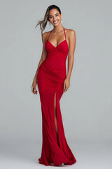 Simple Red Halter Mermaid Long Formal Dress with Slit