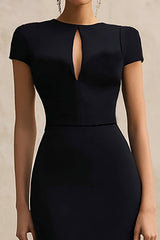 Black Round Neck Short Sleeves Mermaid Midi Semi-Formal Dress