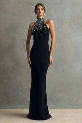 Sparkly Black Mermaid Halter Long Formal Dress with Beading