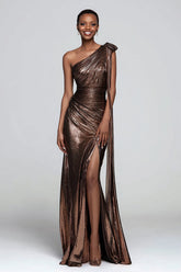 Sparkly Brown One Shoulder Metallic Mermaid Long Formal Dress with Slit