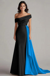Black and Blue Satin Off the Shoulder Mermaid Long Formal Dress with Side Cape