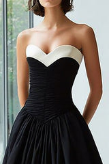 Black and White A Line Sweetheart Satin Long Formal Dress