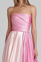 Pink Satin Strapless Patchwork A Line Long Formal Dress