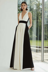 Black and White V-Neck Patchwork Long Formal Dress with Pockets
