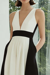 Black and White V-Neck Patchwork Long Formal Dress with Pockets
