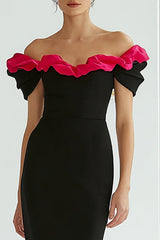 Black and Fuchsia Off the Shoulder Mermaid Long Formal Dress with Ruffles