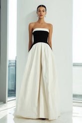 Simple Black and White Strapless Long A Line Formal Dress