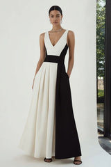 Black and White A Line Patchwork Long Formal Dress with Pockets
