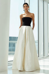Simple Black and White A Line Long Strapless Formal Dress with Pockets