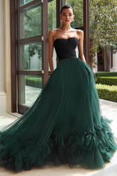 Black and Green Tulle A Line Strapless Long Formal Dress
